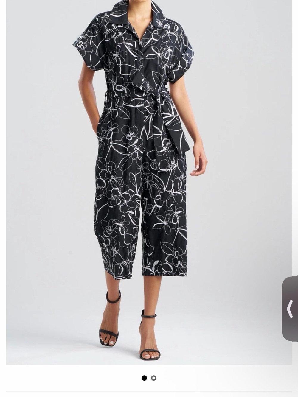 Natori Black & White Floral Short-Sleeve Tie-Waist Jumpsuit